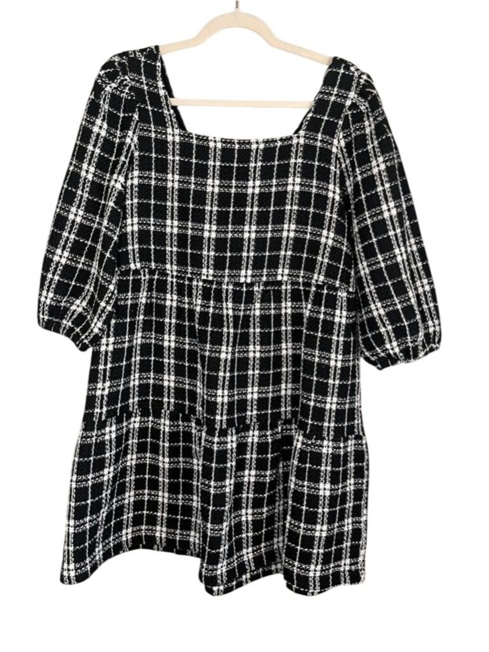 Neutral Plaid Babydoll Dress Black L Boho Indie Festival Festive Holiday Checks - Picture 3 of 10